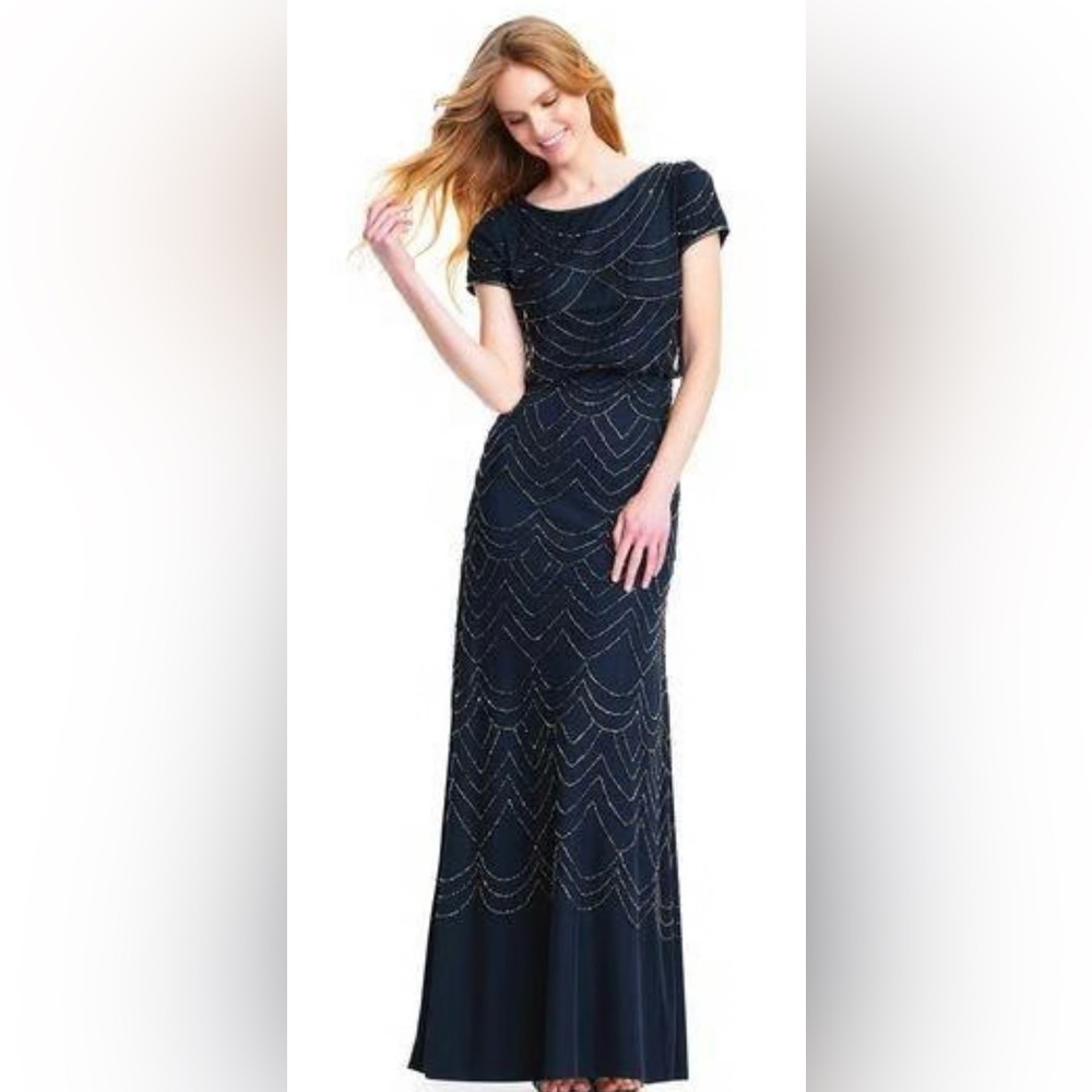 Elegant Adrianna Papell Navy Beaded Women's Dress - Mother of the Bride Size 16
